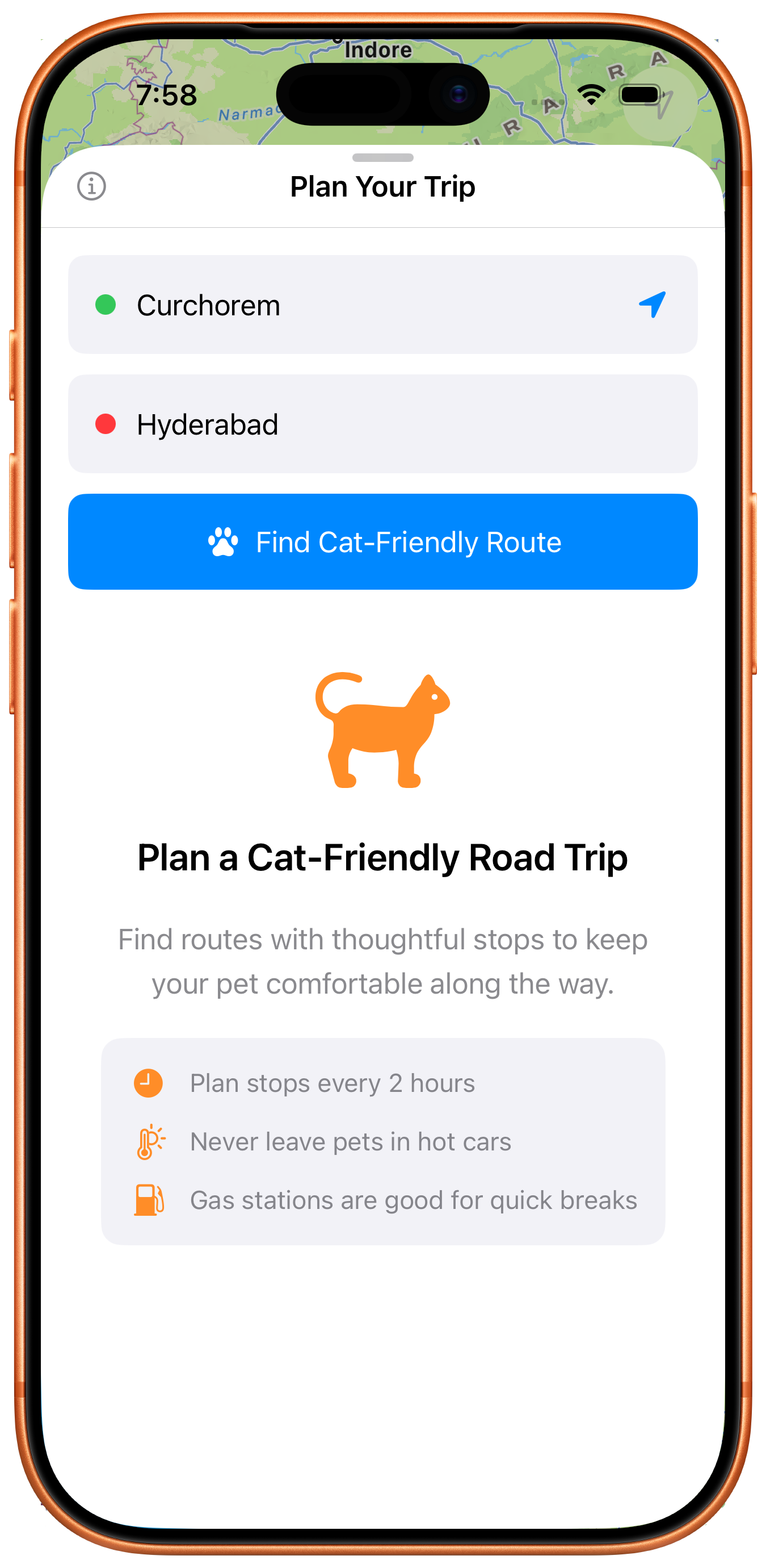 PurrPilot app interface showing route planning from Curchorem to Hyderabad with cat-friendly stops